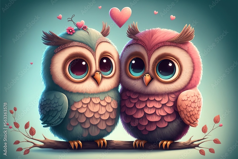 Fototapeta premium Cute owls couple Valentine's Day illustration generative ai