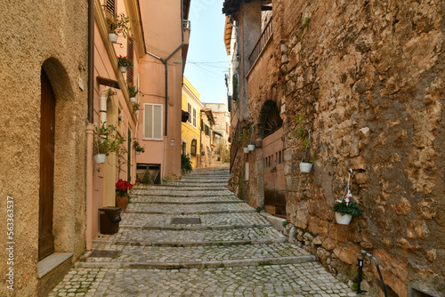 A narrow street in the historic center of Priverno  an old village in Lazio  not far from Rome  Italy.