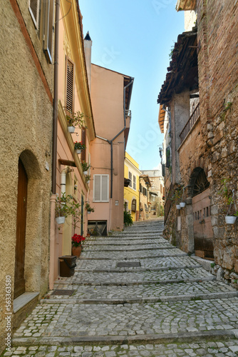 A narrow street in the historic center of Priverno  an old village in Lazio  not far from Rome  Italy.