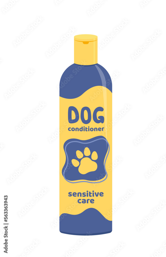 Conditioner for dogs. Bottle of dog conditioner. Cartoon, flat, vector Conditioner for dogs. Bottle of dog conditioner. Cartoon, flat, vector