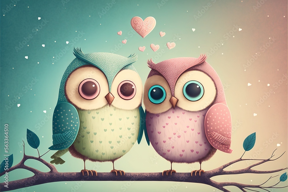 Fototapeta premium Cute owls couple Valentine's Day illustration generative ai