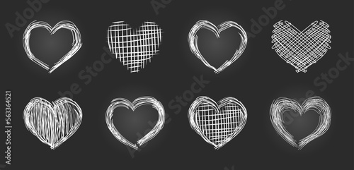 Set of white chalk hand drawn hearts on black board. Collection of isolated doodle vector design elements for icon or button, greeting card, invitation, poster, web banner, frame, background.