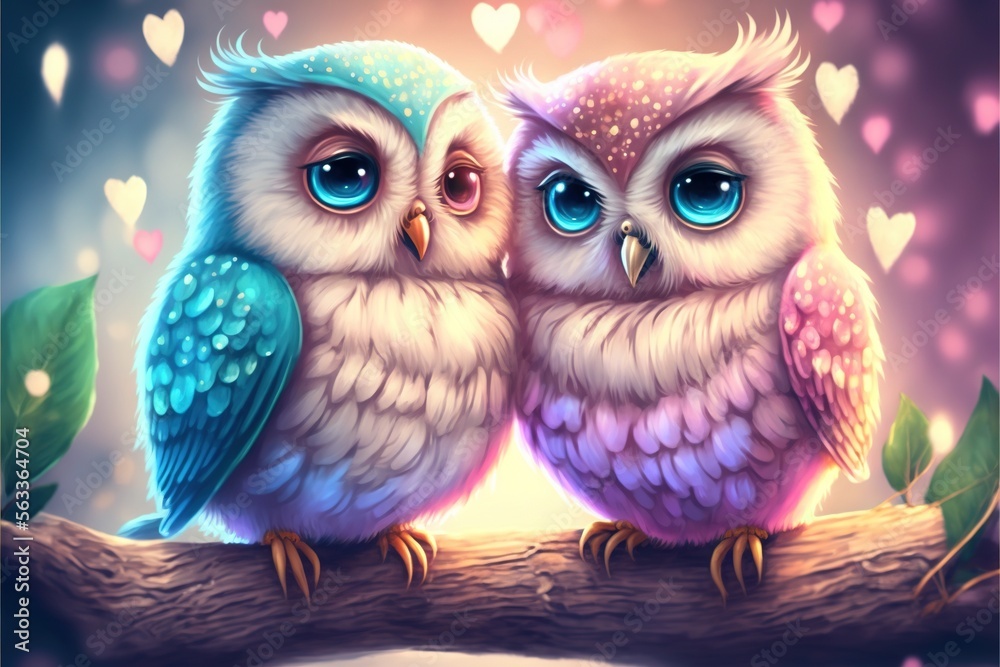 Fototapeta premium Cute owls couple Valentine's Day illustration generative ai