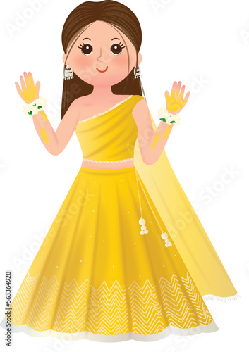 cute indian bride for haldi in yellow lehenga outfit indian wedding bride to be illustration