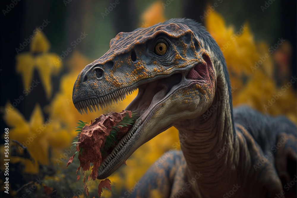 Velociraptor in native habitat eating with background. Generative AI