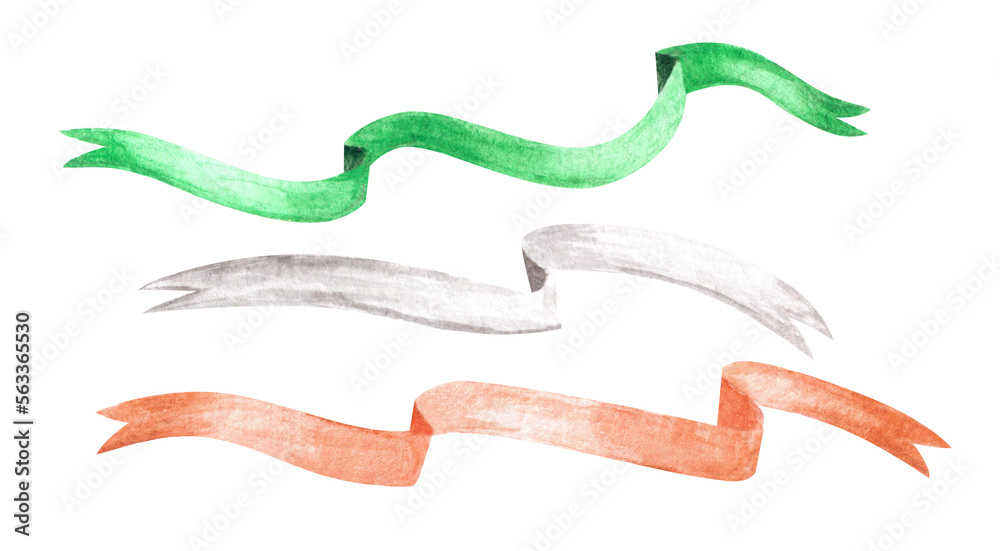 Three ribbons with curves in green, white and orange colors as Ireland national flag. Irish watercolor hand drawn web design element, isolated Three ribbons with curves in green, white and orange colors as Ireland national flag. Irish watercolor hand drawn web design element, isolated
