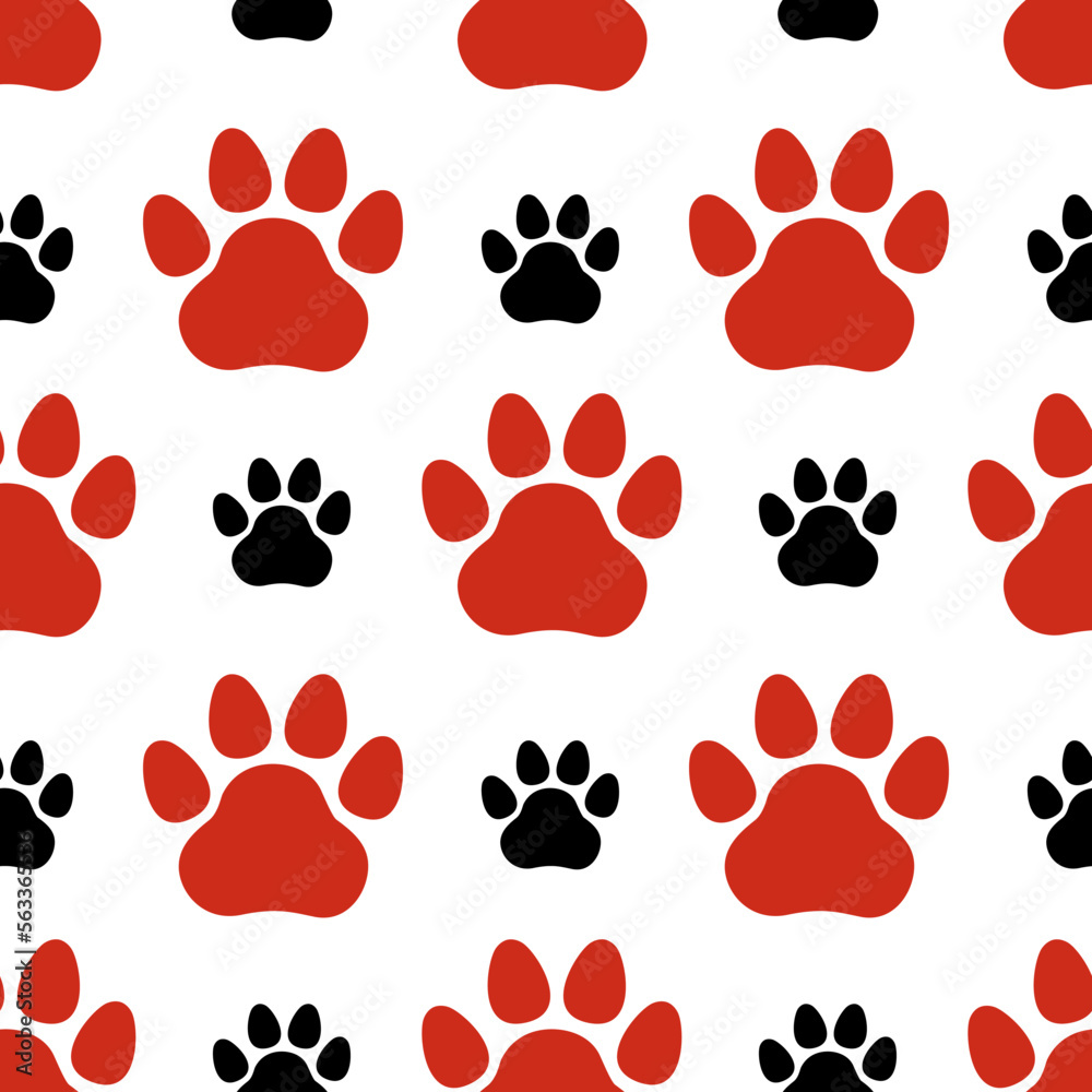Fototapeta premium Bright seamless pattern with pet footprints. Red and black paw prints. Vector