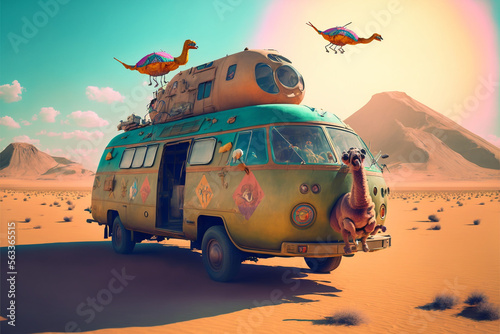 Obraz na płótnie Volkswagen T1 Bulli - psychedelic vanlife with a surreal hippie camper van in the desert