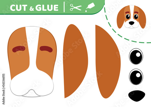 Dog face. Cut and glue. Puppy. Application work. Paper game. Vector