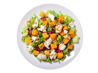 plate of salad with baked pumpkin and cream cheese isolated on transparent background, top view