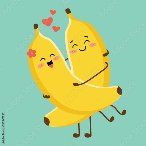 Cute pair of bananas, hand drawn, vector illustration for valentine's day. Drawing of bananas, couple in love. Cute cartoon banana. Happy couple