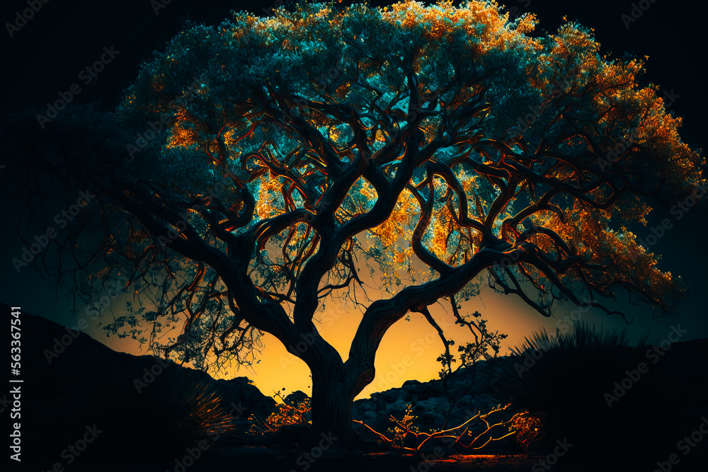 A digital art of a tree with turquoise branches, lit by the soft, golden light of the early morning A digital art of a tree with turquoise branches, lit by the soft, golden light of the early morning