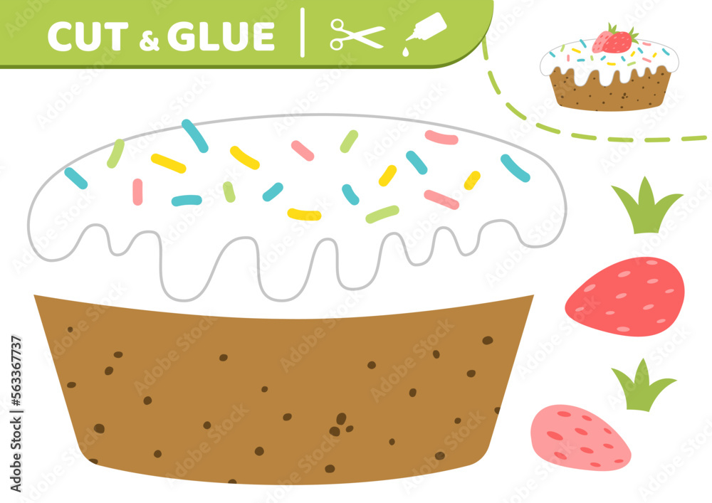 Cake in white glaze and sprinkle with strawberry. Cut and glue. Cake. Applique. Paper game. Vector Cake in white glaze and sprinkle with strawberry. Cut and glue. Cake. Applique. Paper game. Vector