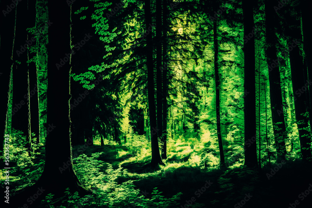 Fototapeta premium A forest is captured with backlight shining through the trees. The trees are in different shades of green