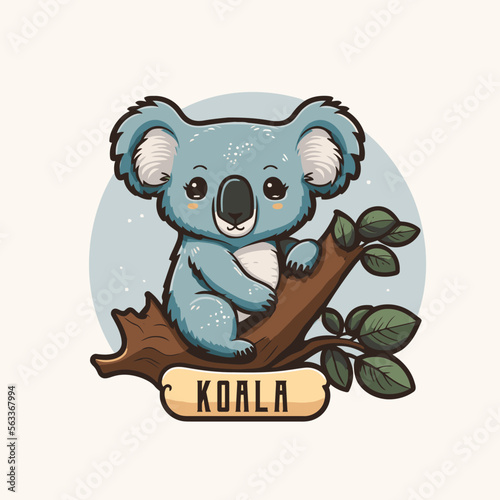 koala logo.Cute cartoon koala with leaves. Vector illustration in a flat style