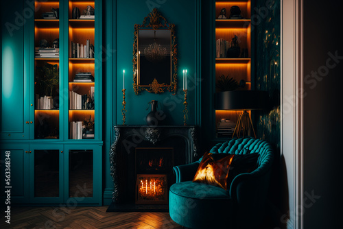 Fotomurale A picture of a room with a wall cabinet shelves design showcasing turquoise acce