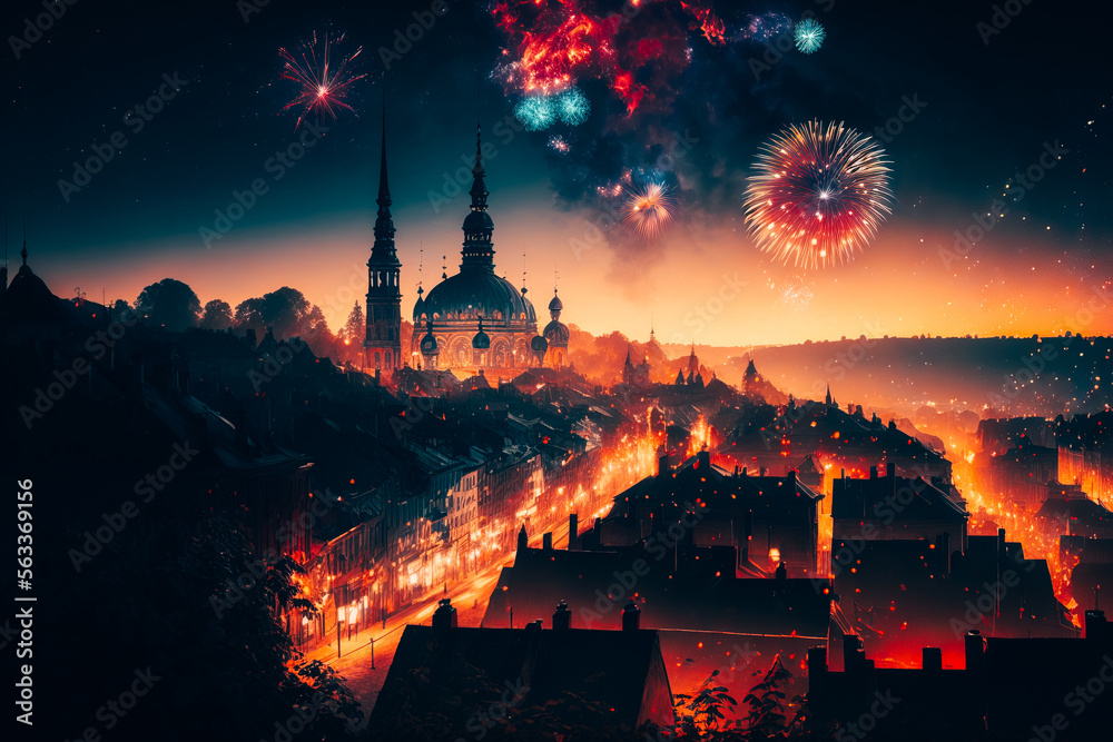 The image depicts a fireworks display over the city of Lviv. The fireworks are exploding in the night sky