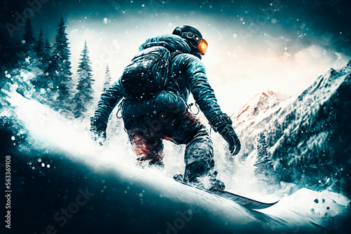 The image depicts a person confidently riding a snowboard down a snowy slope.