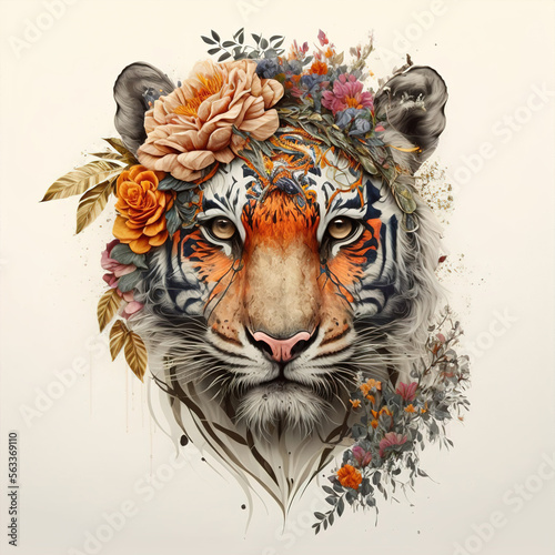 tiger in the sun with flowers color art t-short design