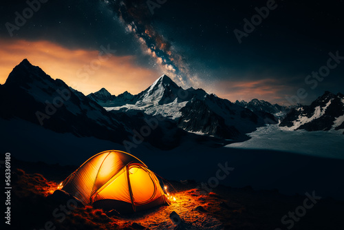The image depicts a tent set up in the middle of a beautiful alpine landscape at night.