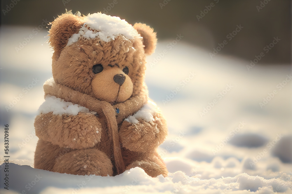 Obraz premium Light brown teddy bear with scarf sitting on white snow. Enjoying cold winter day, Generative AI