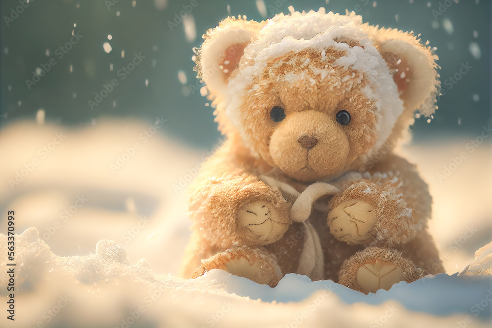 Light brown teddy bear with scarf sitting on white snow. Enjoying cold winter day, Generative AI Light brown teddy bear with scarf sitting on white snow. Enjoying cold winter day, Generative AI