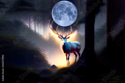 Obraz na płótnie A proud noble deer with a full moon in its branching antlers in a fabulous forest