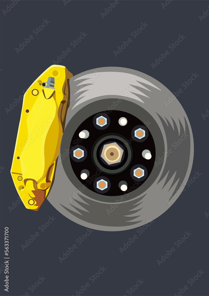 disk brake racing with some bolts and yellow caliper