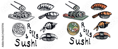 Sushi rolls japanese food chinese traditional cuisine rice fish salmon hand drawn set separately on white background unagi maki sticks chinese restaurant food menu Inscriptions in English sushi 