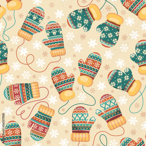 Winter theme seamless pattern with colorful mittens and snowflakes. Vector illustration.