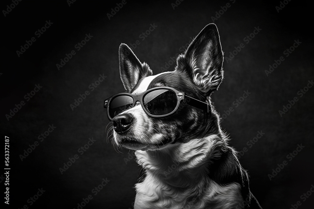 Black and white image of a dog wearing glasses (Generative AI)