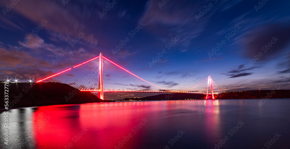 Yavuz Sultan Selim Bridge in Istanbul, Turkey. 3rd bridge of Istanbul Bosphorus with blue sky. Sunset view..