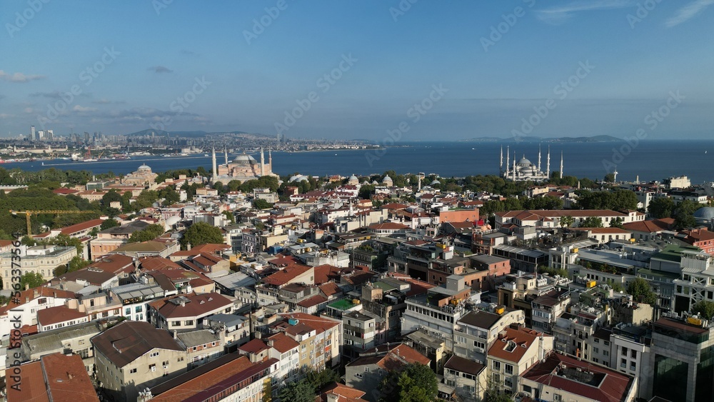 Breathtaking view of the Bosphorus Strait in Istanbul. Drone view