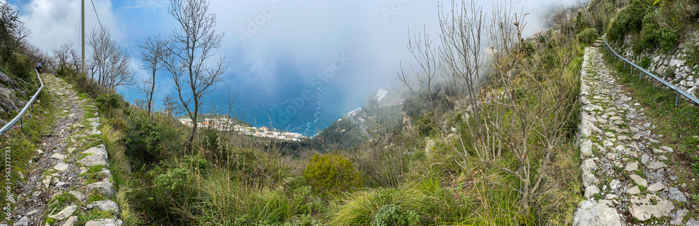 Shore of the scenic Amalfi coast seen from the path of the Gods, Italy