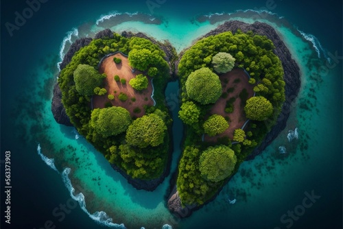 heart shaped island of green trees, Generative AI