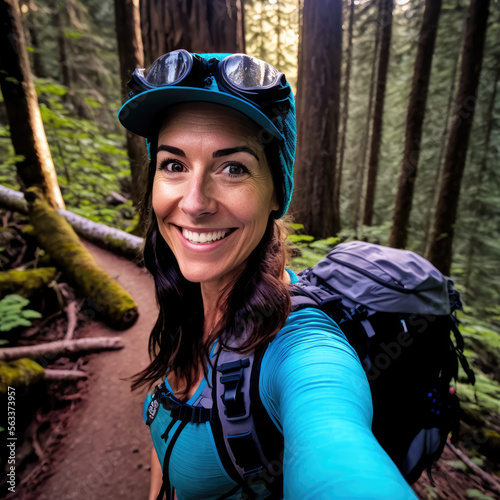 Sporty woman take a self portrait while hiking - Generative AI