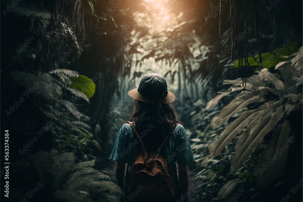 hiking woman in tropical jungle backpacker, travel adventure, Generative AI