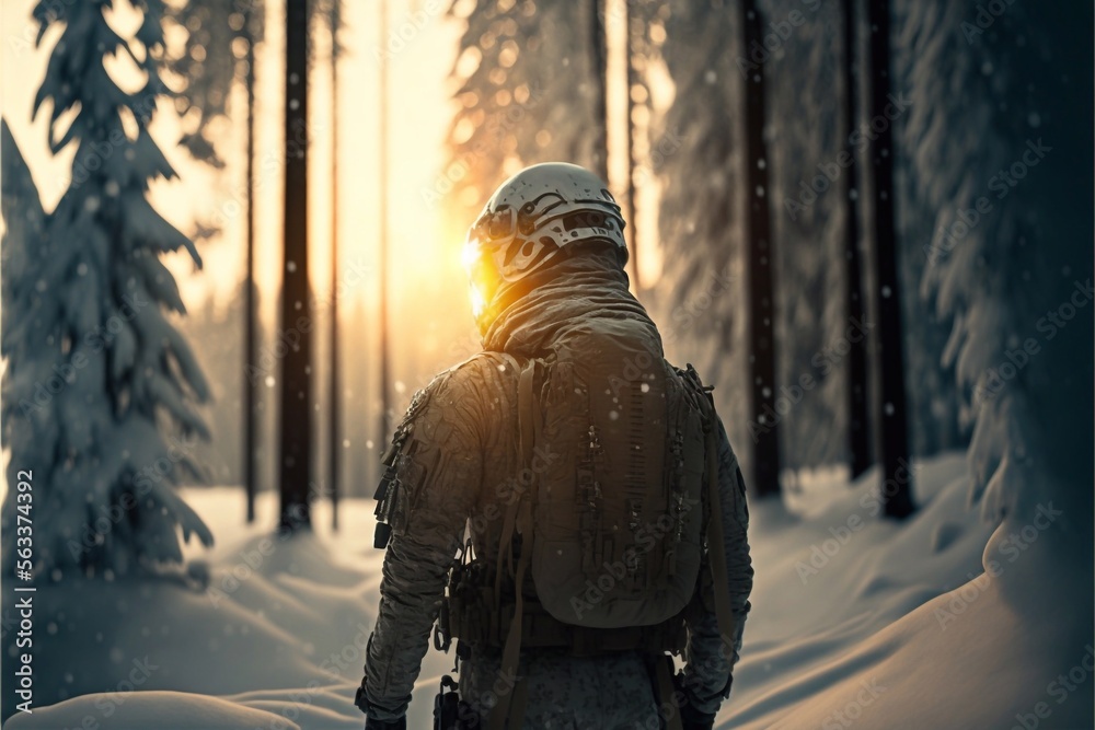 soldier camouflage in winter snow forest, artic warfare, generative AI