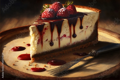 Cheesecake avec du coulis et des fruits photo