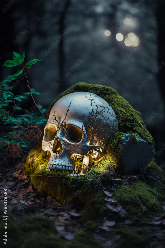 Portrait of a white skull lying among roots, moss, and a backdrop of a lush and mysterious forest with a moonlit atmosphere, creating a mysterious and shimmering scene. Portrait of a white skull lying among roots, moss, and a backdrop of a lush and mysterious forest with a moonlit atmosphere, creating a mysterious and shimmering scene.