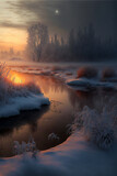 Portrait, Stunning landscape of winter at dawn is illuminated with a melting river, and the trees are shrouded in a misty fog.