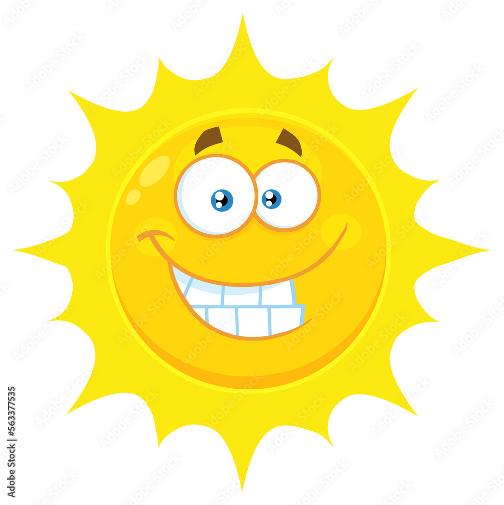 Funny Yellow Sun Cartoon Emoji Face Character With Smiling Expression. Hand Drawn Illustration Isolated On Transparent Background