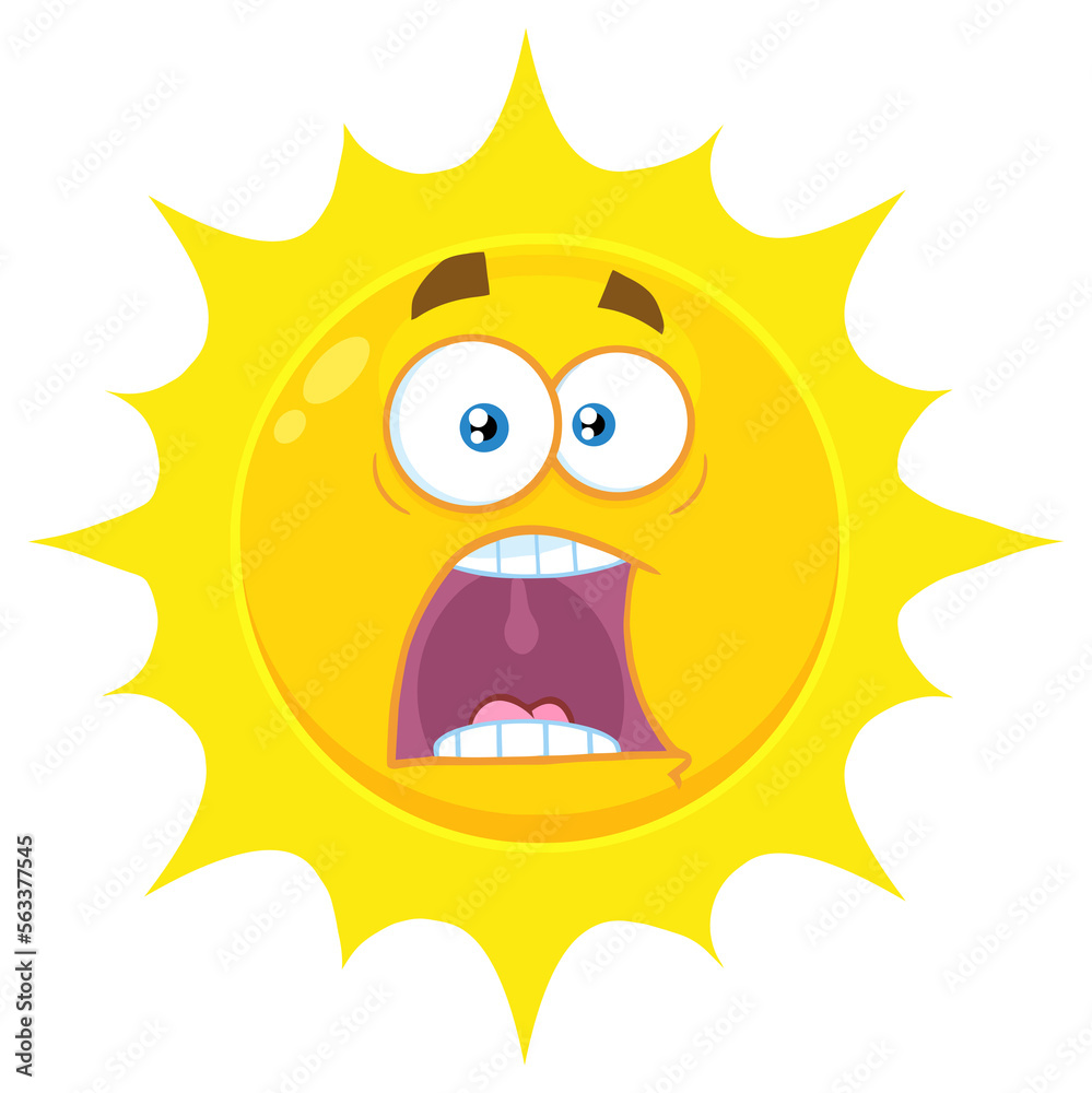 Scared Yellow Sun Cartoon Emoji Face Character With Expressions A Panic. Hand Drawn Illustration Isolated On Transparent Background