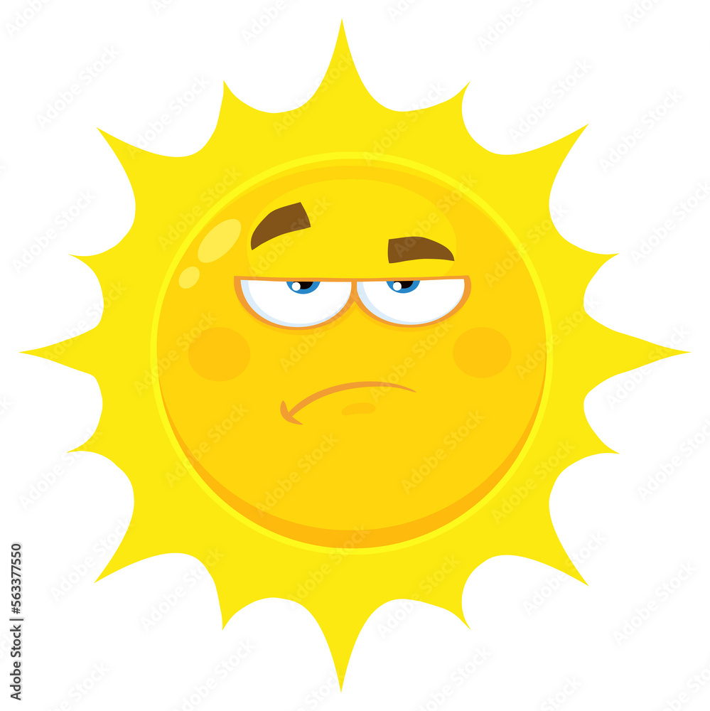 Grumpy Yellow Sun Cartoon Emoji Face Character With Sadness Expression. Hand Drawn Illustration Isolated On Transparent Background