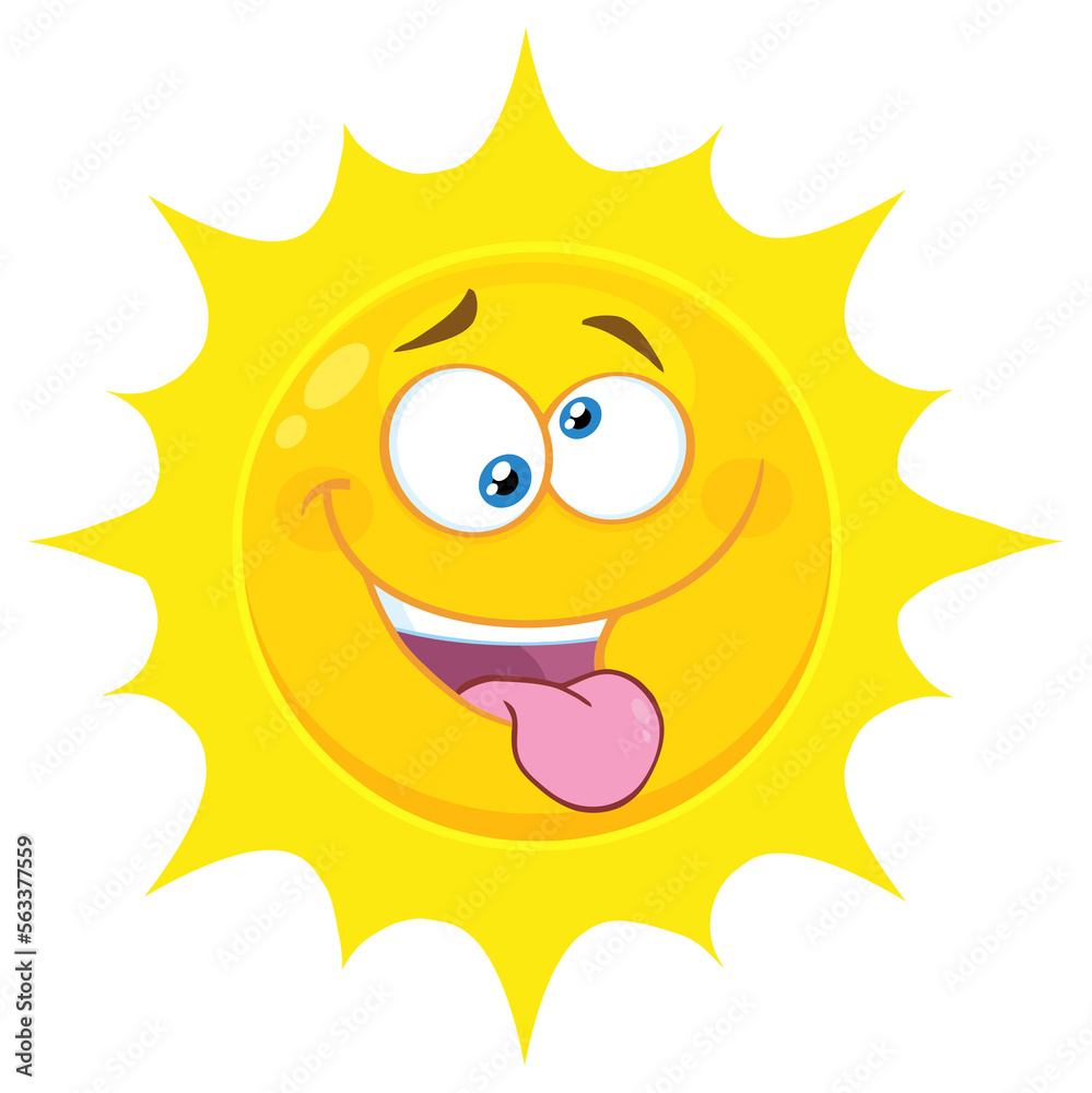Crazy Yellow Sun Cartoon Emoji Face Character With Mad Expression And Protruding Tongue. Hand Drawn Illustration Isolated On Transparent Background