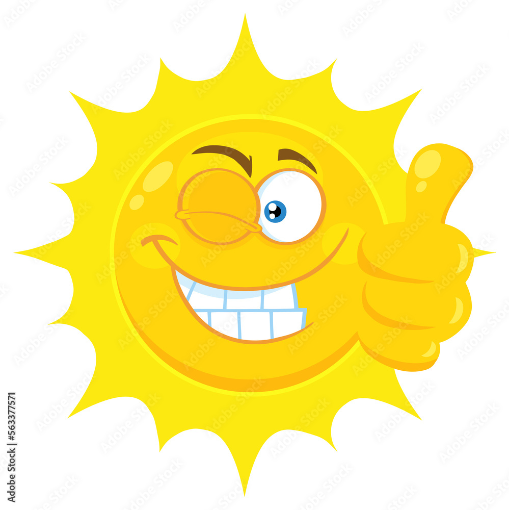 Smiling Yellow Sun Cartoon Emoji Face Character With Wink Expression Giving A Thumb Up. Hand Drawn Illustration Isolated On Transparent Background