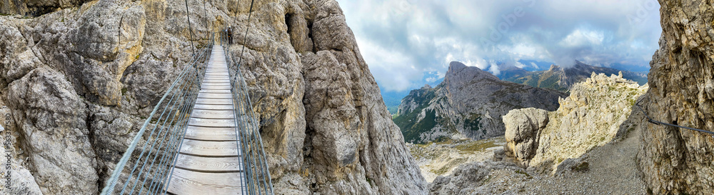 Adventurous hike up to mount Lagazuoi in the Dolomite Alps, autonomous pronvince of South Tirol