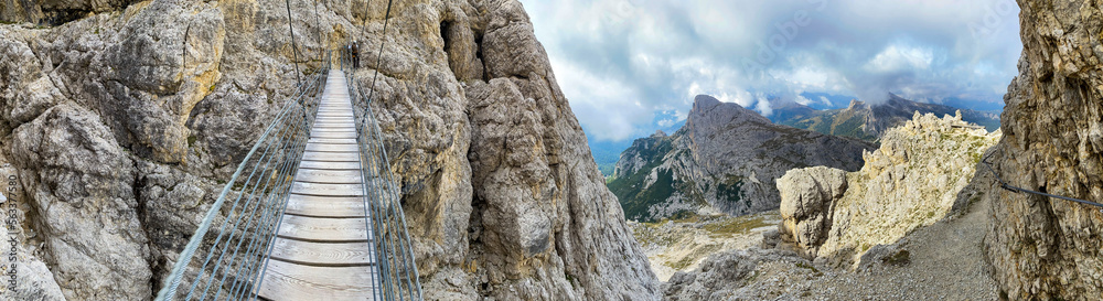Fototapeta premium Adventurous hike up to mount Lagazuoi in the Dolomite Alps, autonomous pronvince of South Tirol