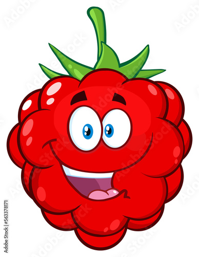 Happy Raspberry Fruit Cartoon Mascot Character. Hand Drawn Illustration Isolated On Transparent Background