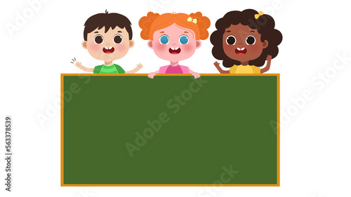 three children with school blackboard